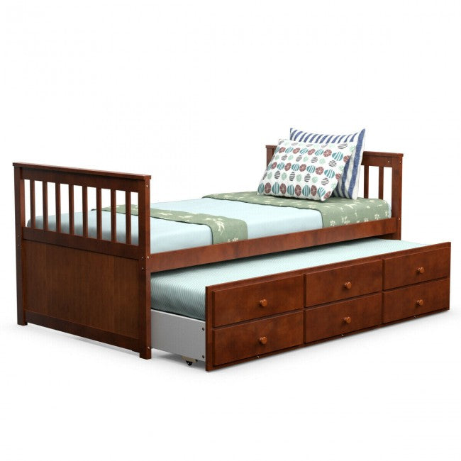 Twin Captain’s Bed with Trundle Bed Wood Storage Daybed Bunk Bed with 3 Storage Drawers