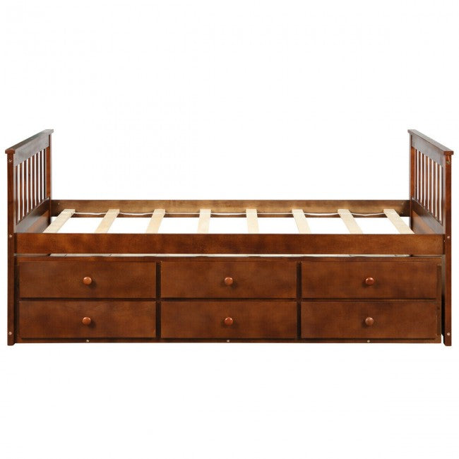 Twin Captain’s Bed with Trundle Bed Wood Storage Daybed Bunk Bed with 3 Storage Drawers