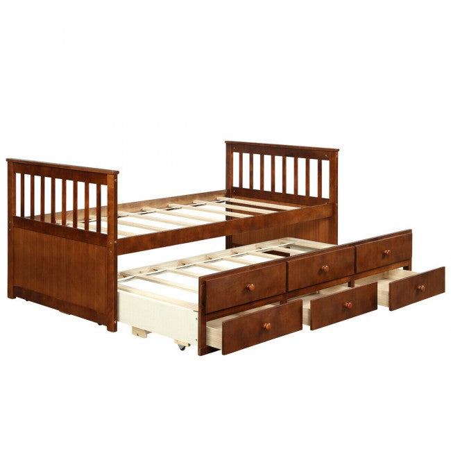 Twin Captain’s Bed with Trundle Bed Wood Storage Daybed Bunk Bed with 3 Storage Drawers