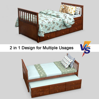 Twin Captain’s Bed with Trundle Bed Wood Storage Daybed Bunk Bed with 3 Storage Drawers