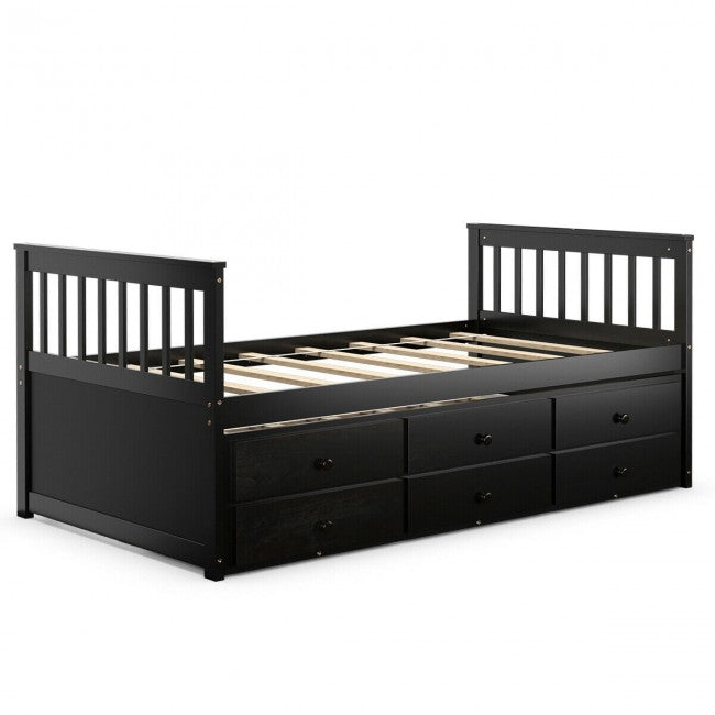 Twin Captain’s Bed with Trundle Bed Wood Storage Daybed Bunk Bed with 3 Storage Drawers