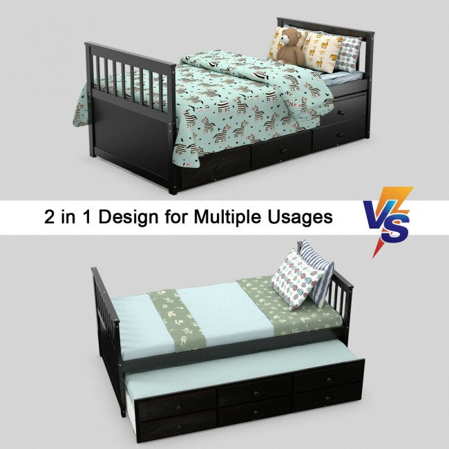 Twin Captain’s Bed with Trundle Bed Wood Storage Daybed Bunk Bed with 3 Storage Drawers