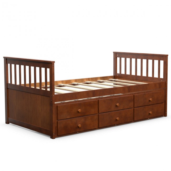 Twin Captain’s Bed with Trundle Bed Wood Storage Daybed Bunk Bed with 3 Storage Drawers