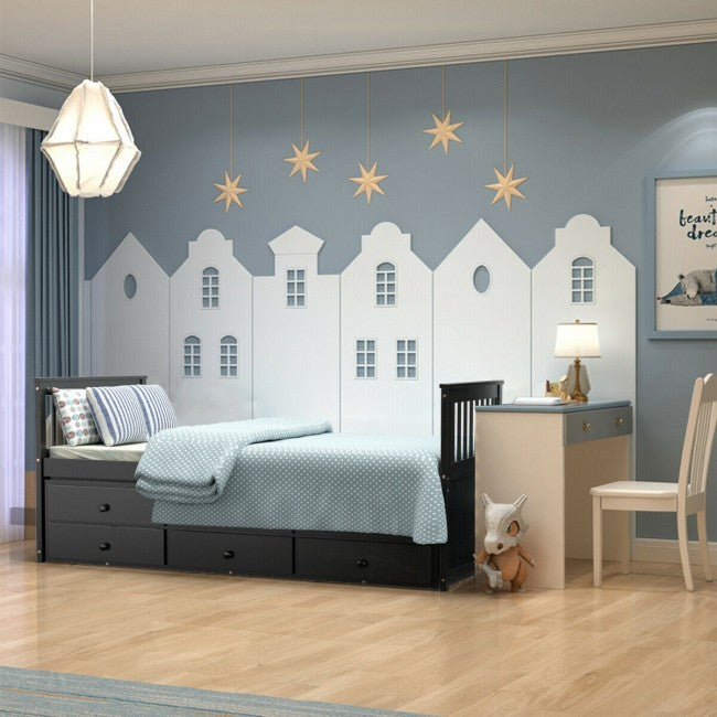 Twin Captain’s Bed with Trundle Bed Wood Storage Daybed Bunk Bed with 3 Storage Drawers