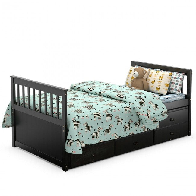 Twin Captain’s Bed with Trundle Bed Wood Storage Daybed Bunk Bed with 3 Storage Drawers