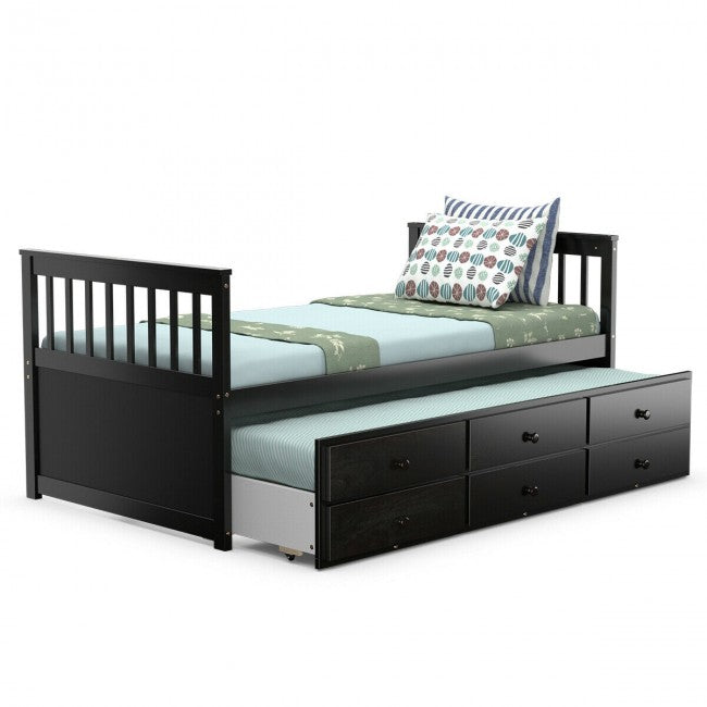 Twin Captain’s Bed with Trundle Bed Wood Storage Daybed Bunk Bed with 3 Storage Drawers