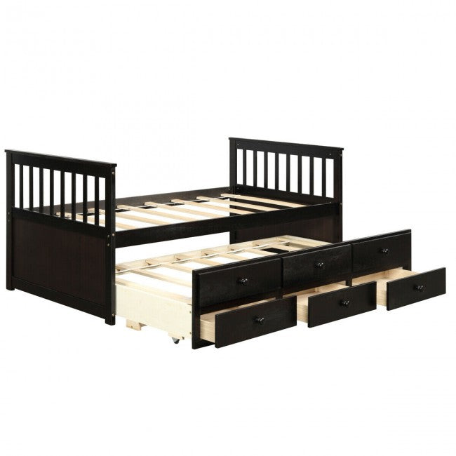 Twin Captain’s Bed with Trundle Bed Wood Storage Daybed Bunk Bed with 3 Storage Drawers
