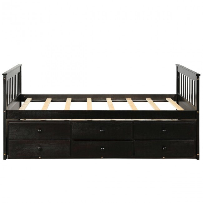 Twin Captain’s Bed with Trundle Bed Wood Storage Daybed Bunk Bed with 3 Storage Drawers