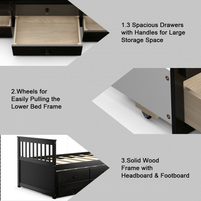 Twin Captain’s Bed with Trundle Bed Wood Storage Daybed Bunk Bed with 3 Storage Drawers