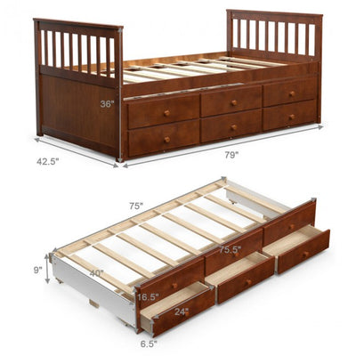 Twin Captain’s Bed with Trundle Bed Wood Storage Daybed Bunk Bed with 3 Storage Drawers