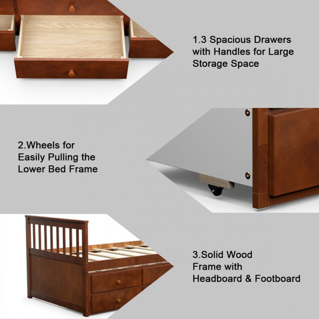 Twin Captain’s Bed with Trundle Bed Wood Storage Daybed Bunk Bed with 3 Storage Drawers