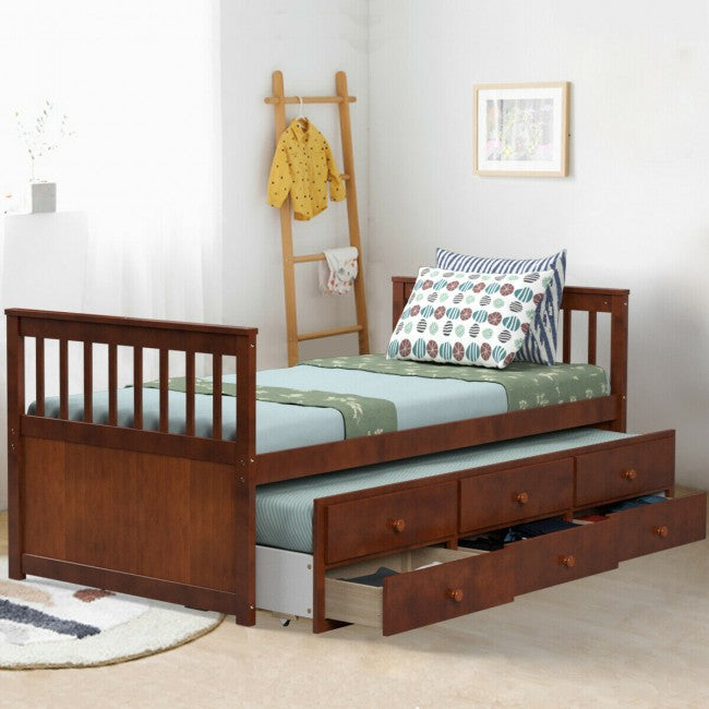 Twin Captain’s Bed with Trundle Bed Wood Storage Daybed Bunk Bed with 3 Storage Drawers