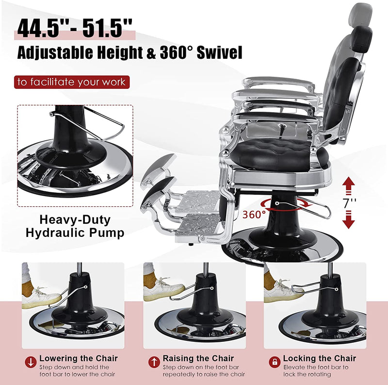 Vintage Barber Chair 360° Swivel Reclining Chair Makeup Hair Salon Chairs with Adjustable Height and Detachable Headrest