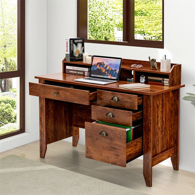 Vintage Wooden Computer Desk Home Office Desk Executive Desk Writing Study Desk with 4 Storage Drawers and Hutch