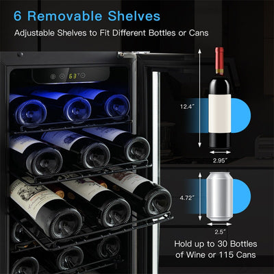 30 Bottles Wine Beverage Cooler Refrigerator 15" Stainless Steel Built-in and Freestanding Compressor Wine Cellar Fridge with Tempered Glass Door