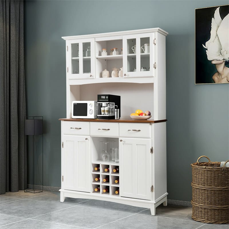 Kitchen Hutch Sideboard Wood Buffet Cabinet Kitchenware Server with Wine Bottle Modulars and 3 Large Drawers