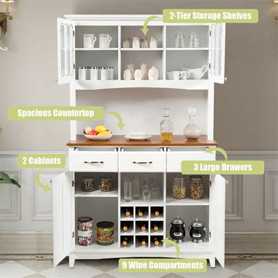 Kitchen Hutch Sideboard Wood Buffet Cabinet Kitchenware Server with Wine Bottle Modulars and 3 Large Drawers