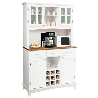 Kitchen Hutch Sideboard Wood Buffet Cabinet Kitchenware Server with Wine Bottle Modulars and 3 Large Drawers