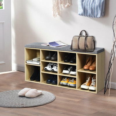 10-Cube Shoe Rack Entryway Organizer Shoe Bench with Storage Padded Cushions and Adjustable Shelves