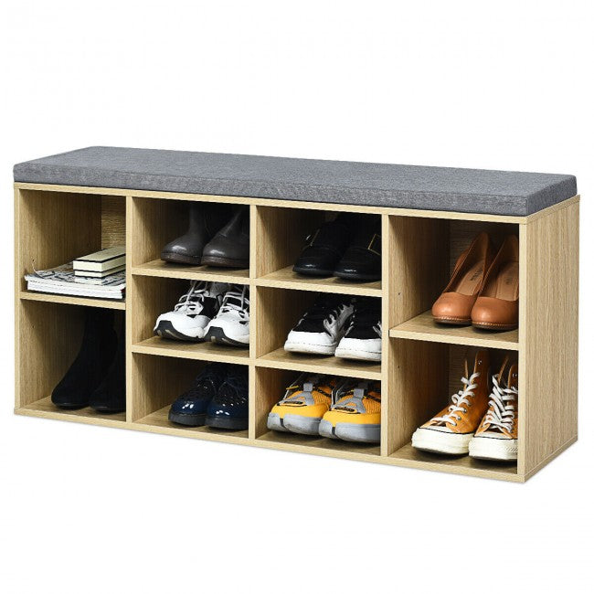 10-Cube Shoe Rack Entryway Organizer Shoe Bench with Storage Padded Cushions and Adjustable Shelves