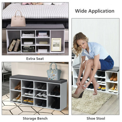 10-Cube Shoe Rack Entryway Organizer Shoe Bench with Storage Padded Cushions and Adjustable Shelves