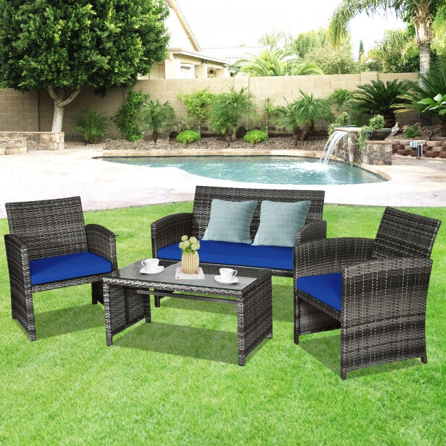 4 Pieces Patio Rattan Furniture Set Outdoor Wicker loveseat with Soft Cushion and Glass Table