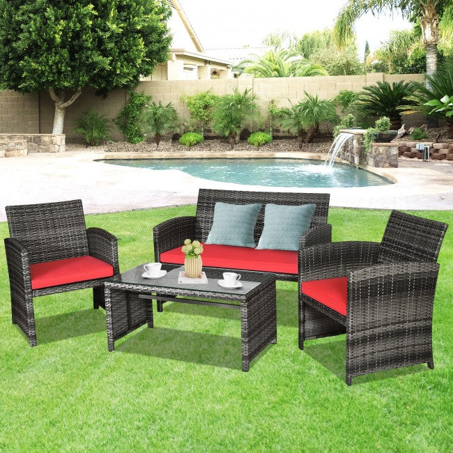 4 Pieces Patio Rattan Furniture Set Outdoor Wicker loveseat with Soft Cushion and Glass Table