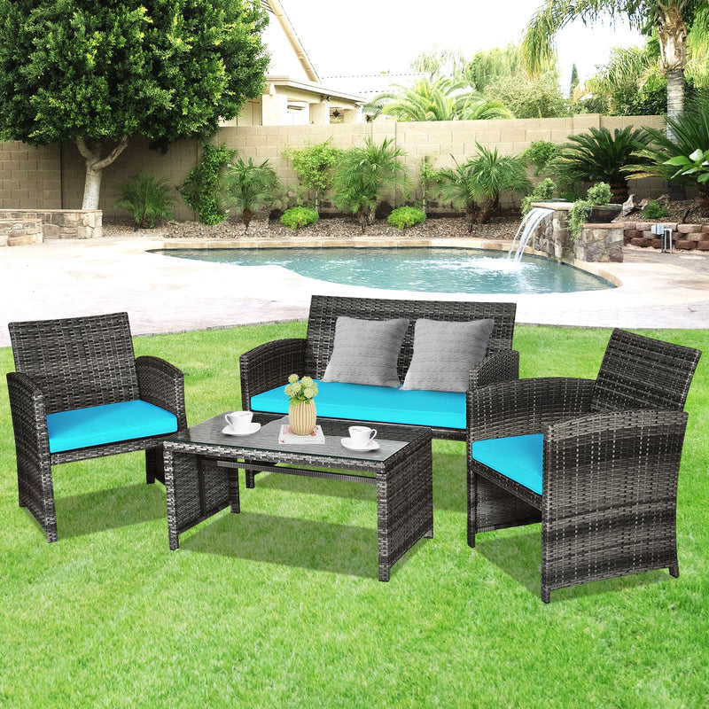 4 Pieces Patio Rattan Furniture Set with Glass Table and Loveseat