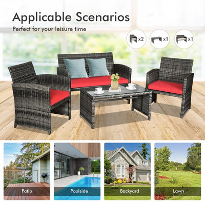 4 Pieces Patio Rattan Furniture Set Outdoor Wicker loveseat with Soft Cushion and Glass Table