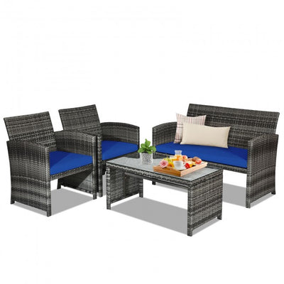 4 Pieces Patio Rattan Furniture Set Outdoor Wicker loveseat with Soft Cushion and Glass Table