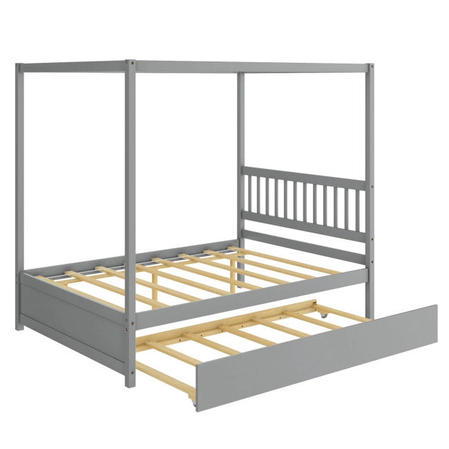 2-In-1 Full Size Wooden Canopy Platform Bed Frame Headboard with Bottom Rolling Trundle