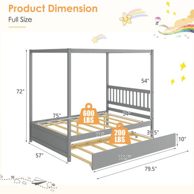 2-In-1 Full Size Wooden Canopy Platform Bed Frame Headboard with Bottom Rolling Trundle