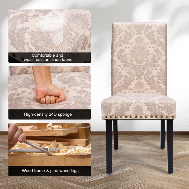 Set of 2 Fabric Upholstered Dining Chair with Sturdy Wooden Legs