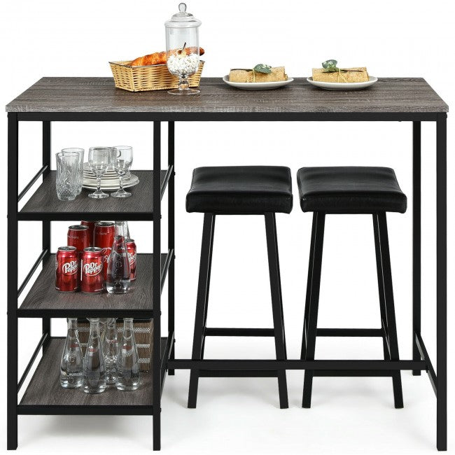 3 Pieces Dining Table Set with Pub Counter Height and Storage Shelves