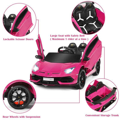 Kids Electric Ride On 12V Licensed Lamborghini Aventador SVJ Battery Powered Sports Car Toy with LED Headlights and R/C