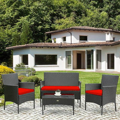 4 Pieces Patio Rattan Cushioned Sofa Set with Tempered Glass Coffee Table