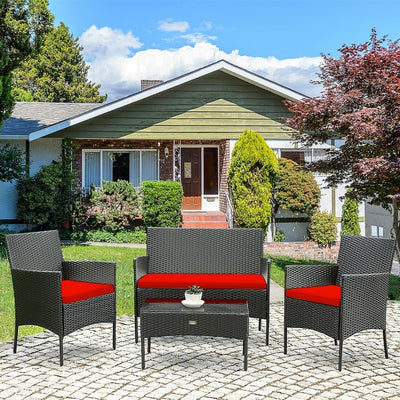 4 Pieces Patio Rattan Cushioned Sofa Set with Tempered Glass Coffee Table