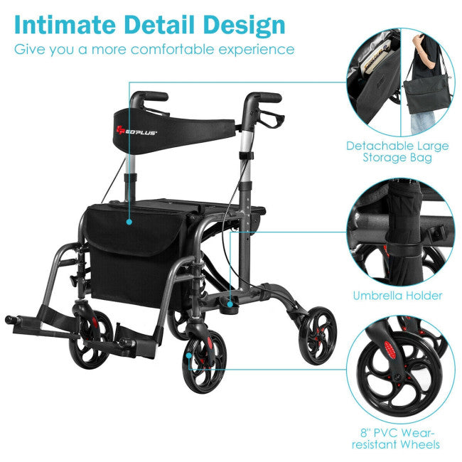 2-in-1 Aluminum Wheelchair Folding 4-Wheel Walker Rollator With Adjustable Handles and Detachable Storage Bag