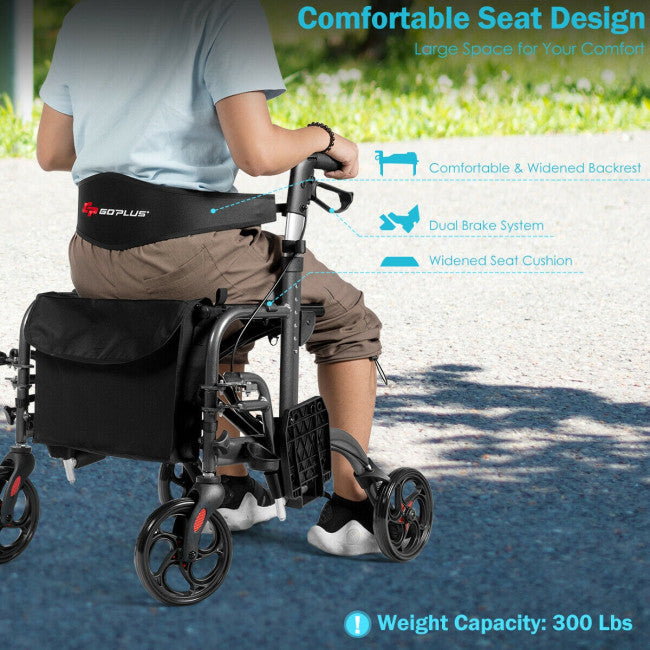 2-in-1 Aluminum Wheelchair Folding 4-Wheel Walker Rollator With Adjustable Handles and Detachable Storage Bag