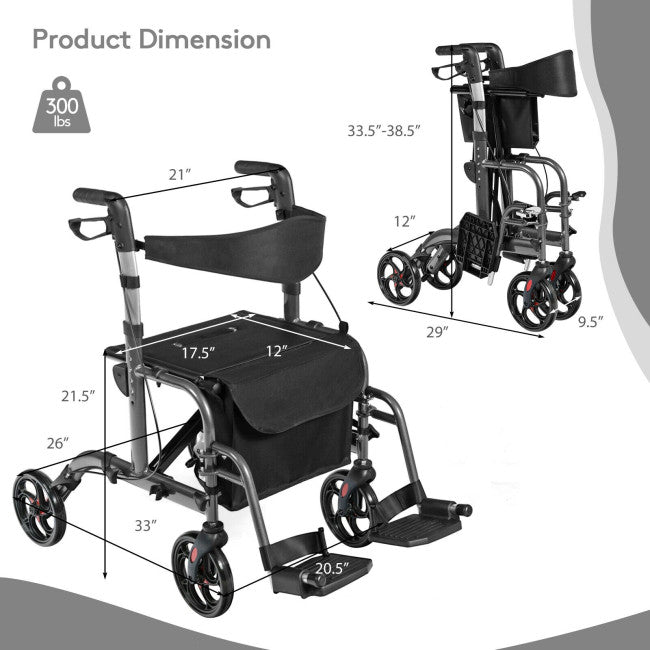 2-in-1 Aluminum Wheelchair Folding 4-Wheel Walker Rollator With Adjustable Handles and Detachable Storage Bag