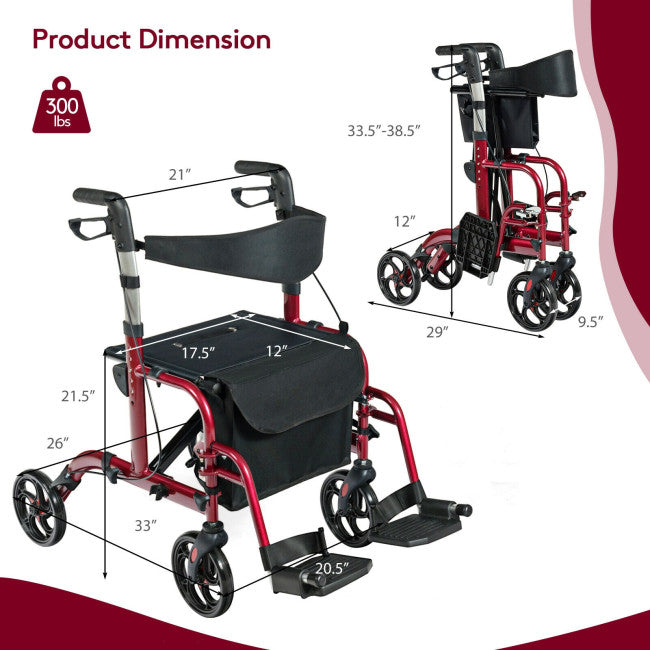2-in-1 Aluminum Wheelchair Folding 4-Wheel Walker Rollator With Adjustable Handles and Detachable Storage Bag