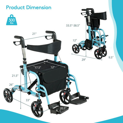 2-in-1 Aluminum Wheelchair Folding 4-Wheel Walker Rollator With Adjustable Handles and Detachable Storage Bag