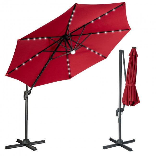 10ft Patio Cantilever Umbrella Outdoor Hanging Offset Umbrella with Solar LED Lights and 360-Degree Rotation