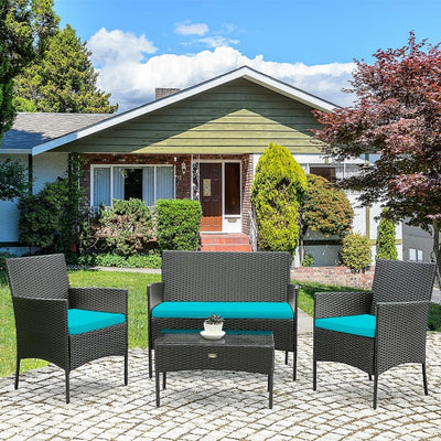 4 Pieces Patio Rattan Cushioned Sofa Set with Tempered Glass Coffee Table