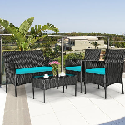 4 Pieces Patio Rattan Cushioned Sofa Set with Tempered Glass Coffee Table