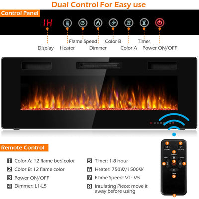 50 Inches Recessed Electric Fireplace Ultra Thin Wall Mounted Electric Heater with Remote Control and Timer