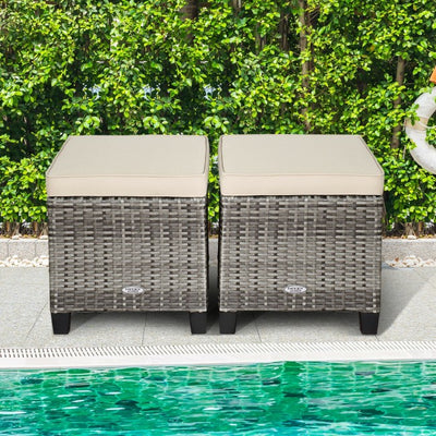 2 Pieces Patio Rattan Ottomans Seat Outdoor Footstool Footrest with Removable Cushions