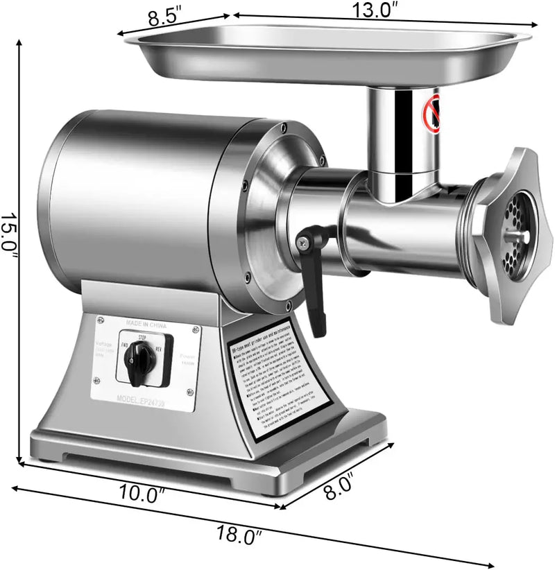 550LB/h Commercial Meat Grinder 225RPM Heavy Duty Industrial Meat Mincer with 2 Blades and Grinding Plates