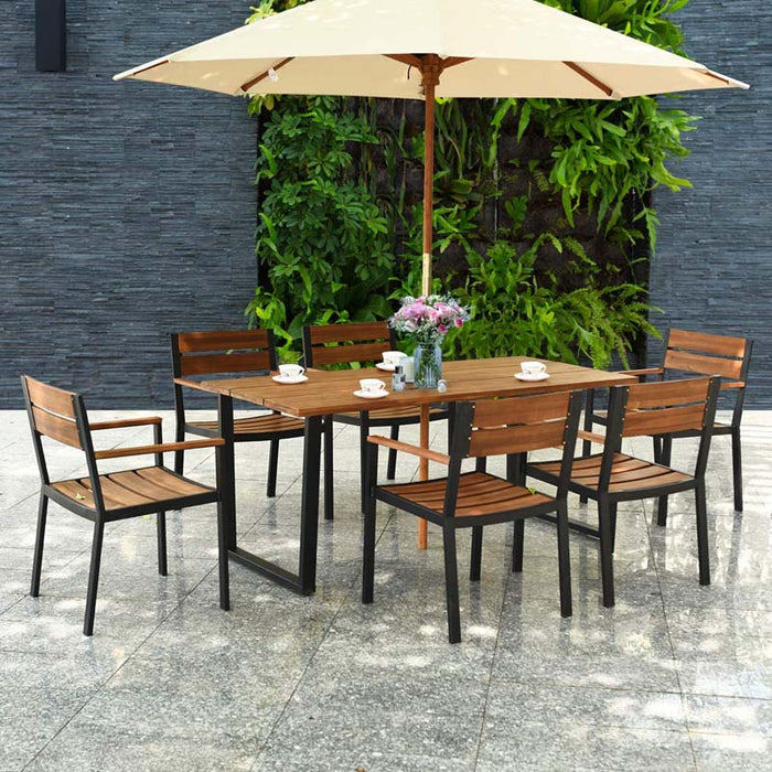 7 Pieces Outdoor Patio Acacia Wood Dining Table Set with Umbrella Hole