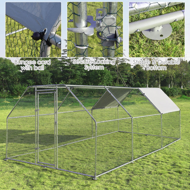 9.5FT Large Metal Chicken Coop Walk-in Poultry Cage Pen Dog Kennel Duck House with Waterproof and Anti-Ultraviolet Cover